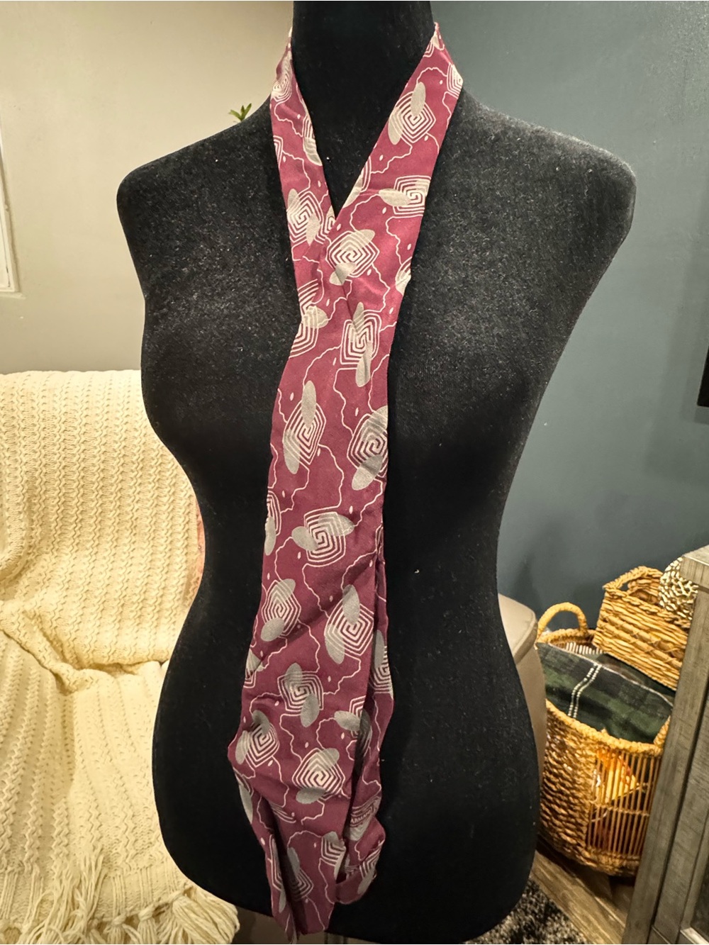 Giorgio Armani Plum Infinity Scarf with Light Gray Geometric Print